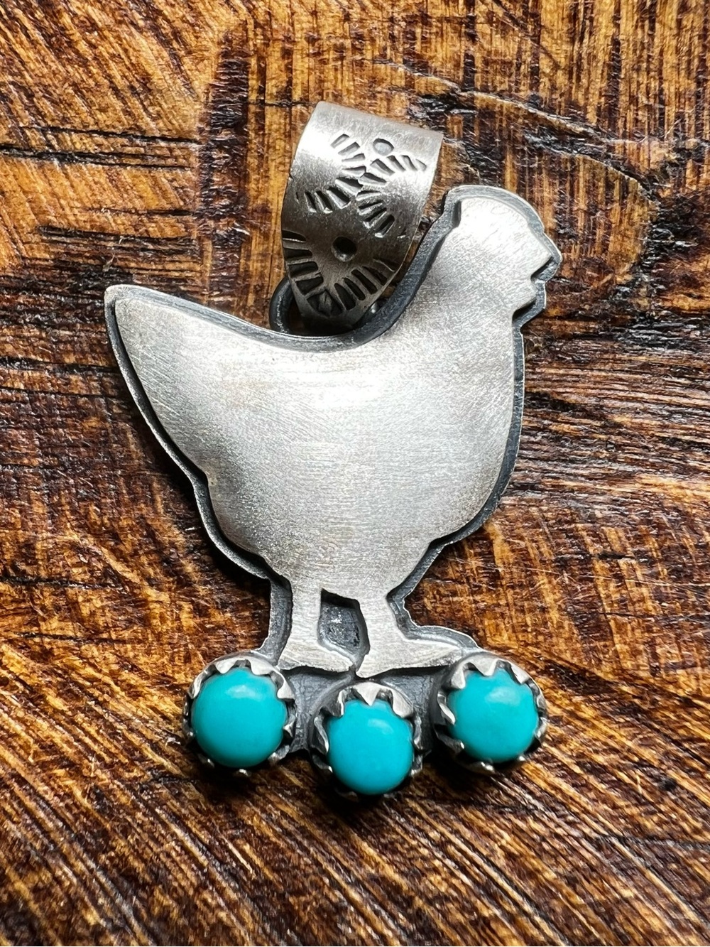 Sterling Silver Kingman Turquoise Chicken Pendant